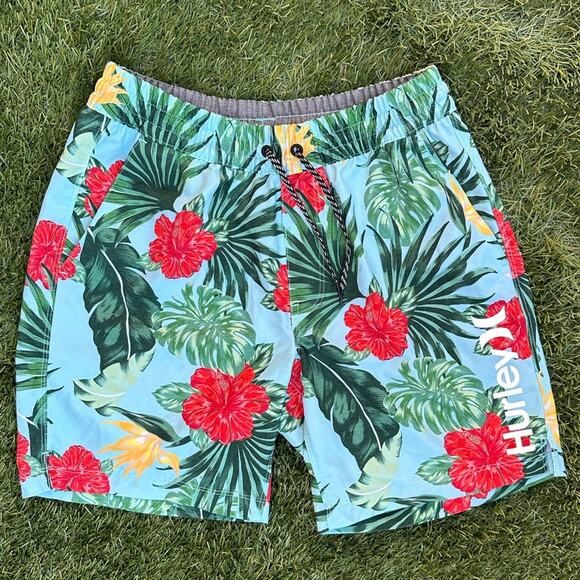 Hurley Essentials Hibiscus Volley Boardshorts Hawaiian Print Elastic Waist Small - Picture 1 of 8